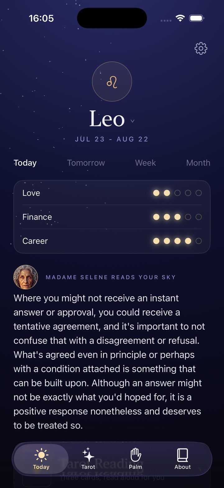 Mobizodiac home screen: the daily horoscope for Leo