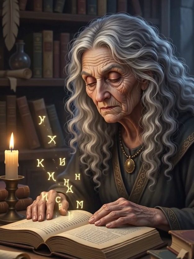 Madame Selene reading by candlelight