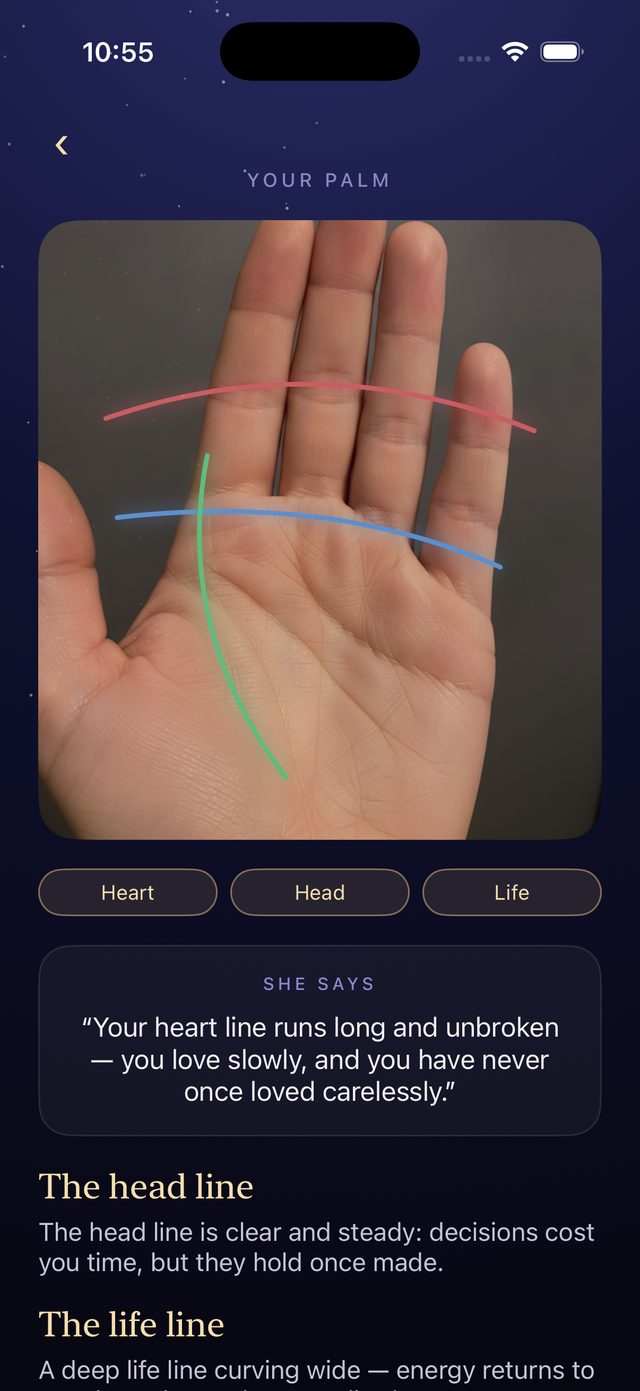 A palm photograph with the heart, head and life lines traced